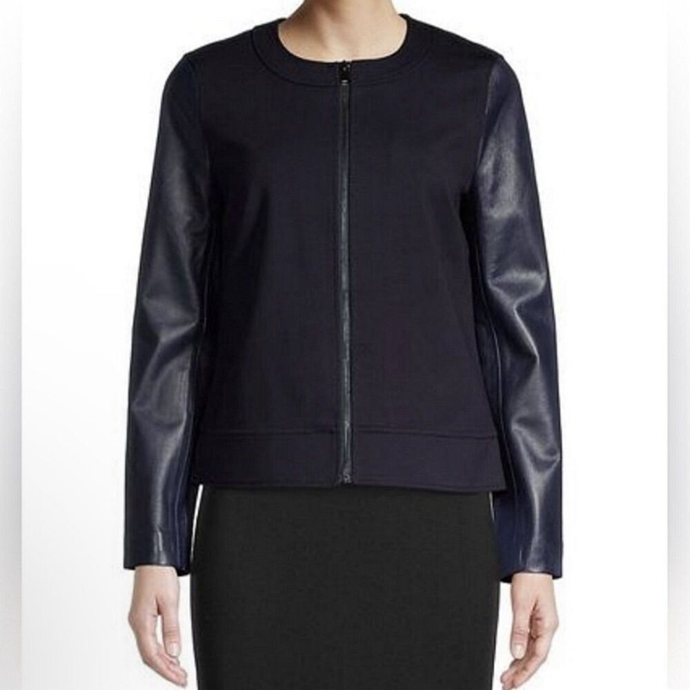 St. John Women's Blue Jacket Size 6 Leather Sleeves Front Zip Classic Neckline